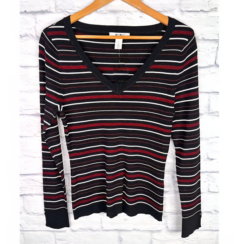 White House Black Market WHBM Maroon Black Metallic Stripe Ribbed V-Neck Top XL